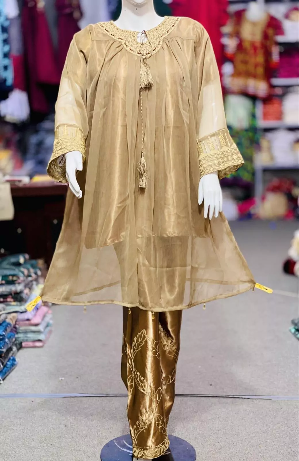 Stunning Gold Chiffon Shirt And Trouser Set 2 Pcs LI198