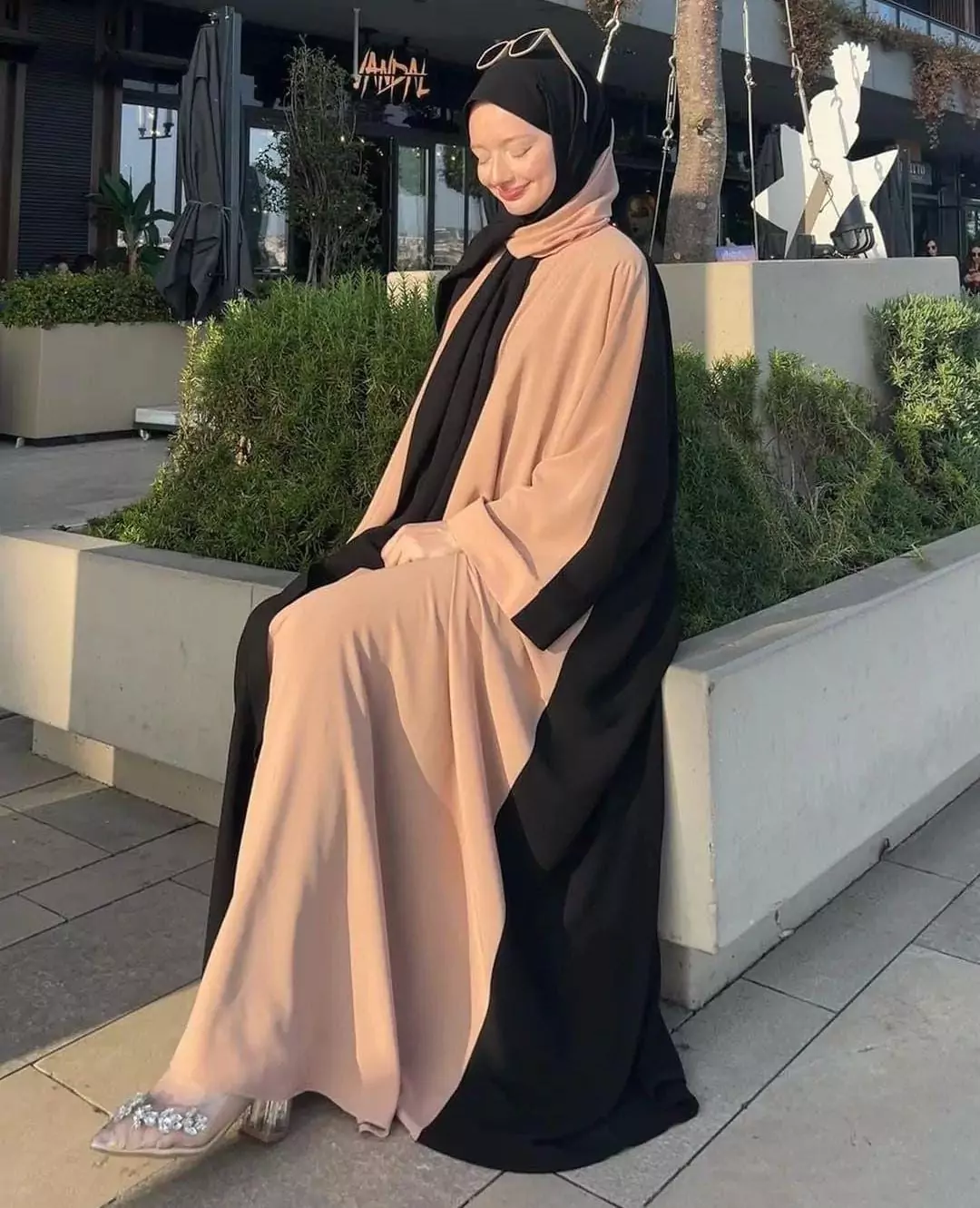  - Stylish Black And Beige Georgette Classic Abaya With Stroller