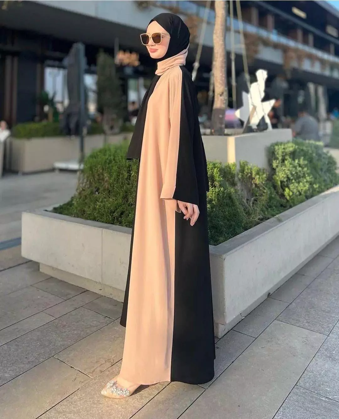 Stylish Black And Beige Georgette Classic Abaya With Stroller