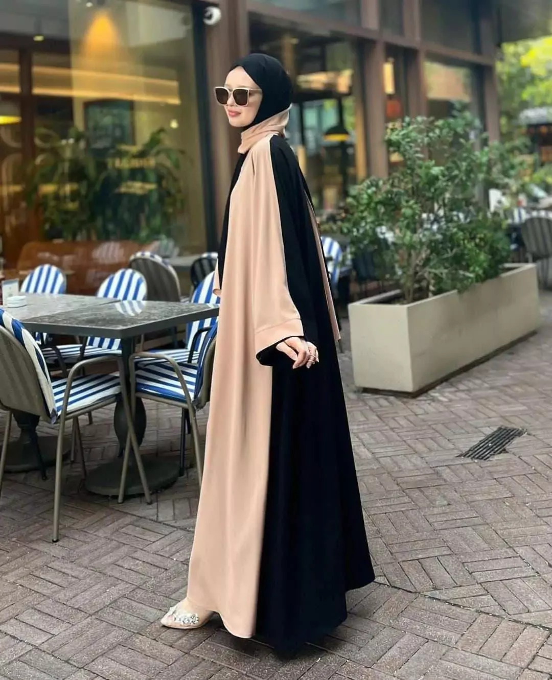 Stylish Black And Beige Georgette Classic Abaya With Stroller