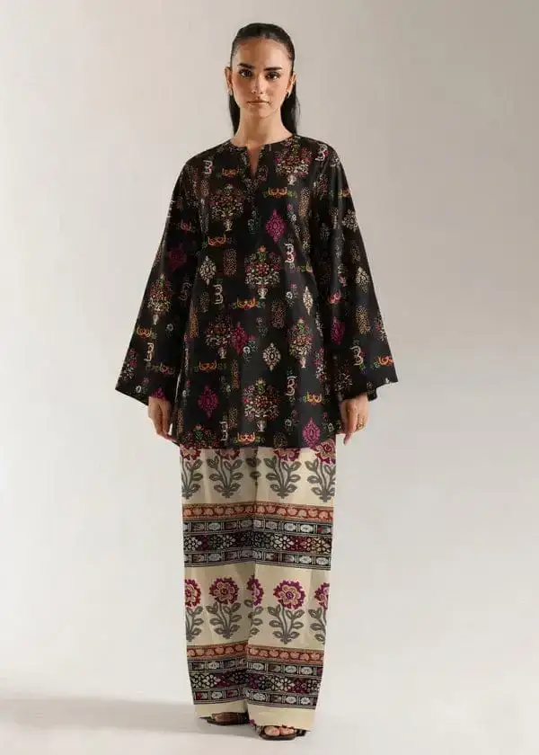 Stylish Printed Lawn Shirt and Trouser Set - 2 Pcs in Black VX43