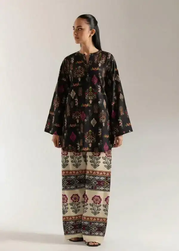 Stylish Printed Lawn Shirt and Trouser Set - 2 Pcs in Black VX43