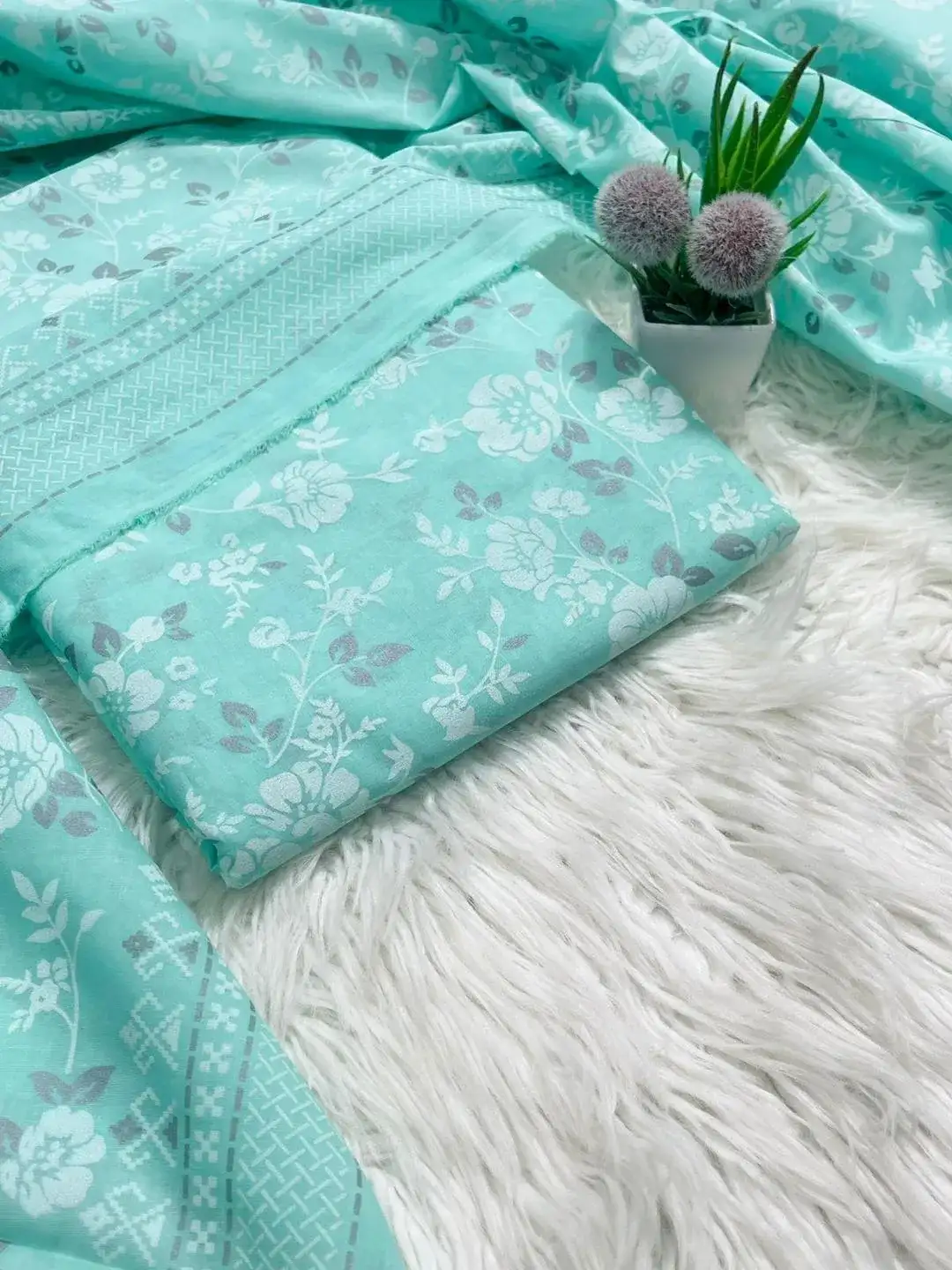 Turquoise Floral Printed Lawn 2 Pcs Suit for Women
