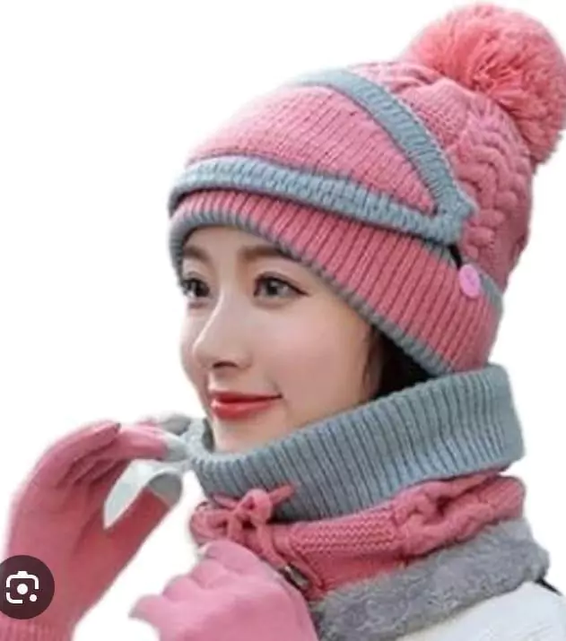 Warm Wool Beanie And Neck Warmer Set 3 Pcs