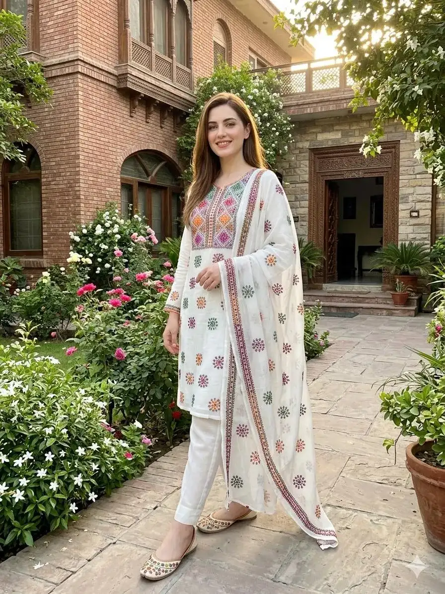 White Chiffon Hand Embroidered 2 Pcs Set VW942