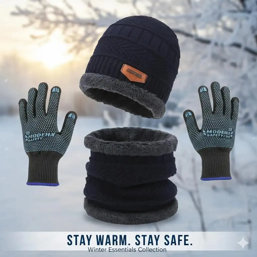 Winter Knitted Beanie Cap Neck Warmer Gloves Set