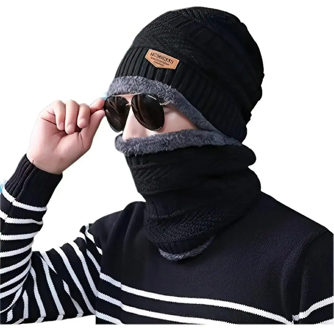 Winter Knitted Beanie Cap Neck Warmer Gloves Set