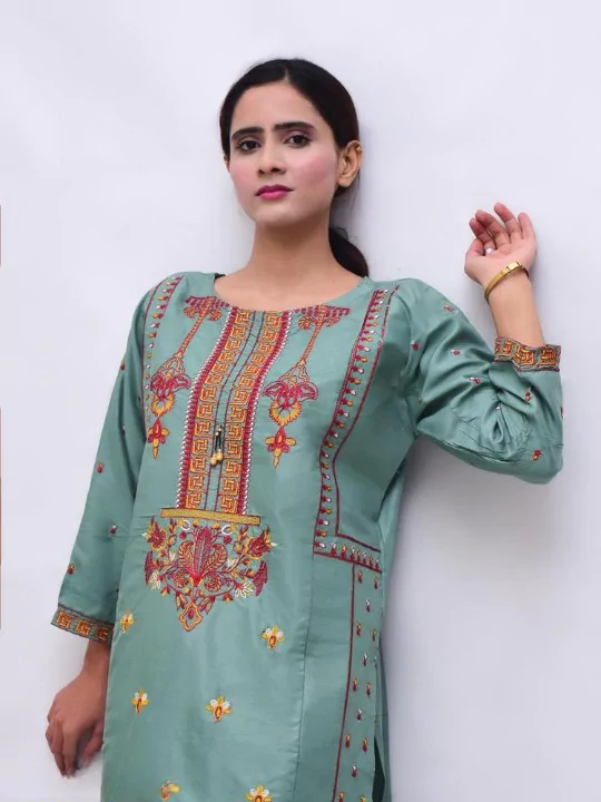 Women 2 Pcs Stitched Linen Embroidered Suit
