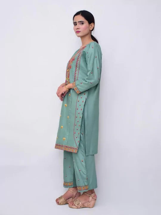 Women 2 Pcs Stitched Linen Embroidered Suit