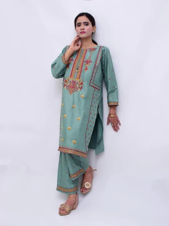 Women 2 Pcs Stitched Linen Embroidered Suit
