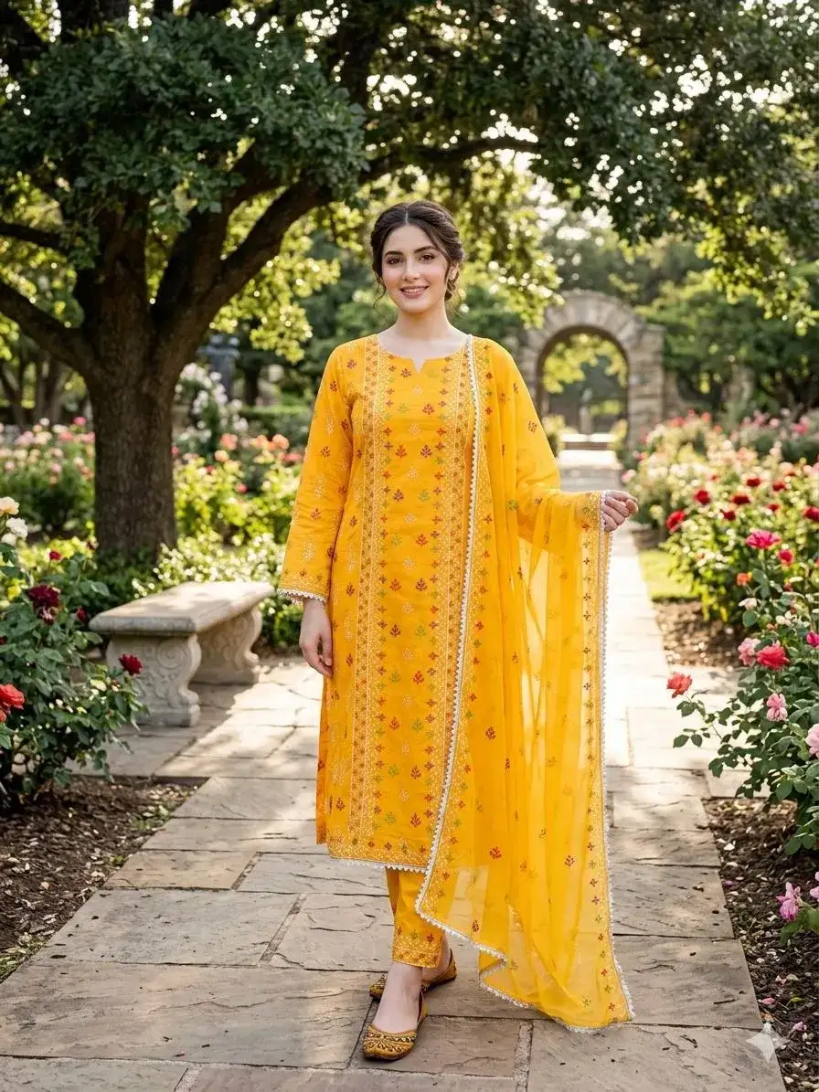 Yellow Chikankari Lawn 3 Pcs Set for Women